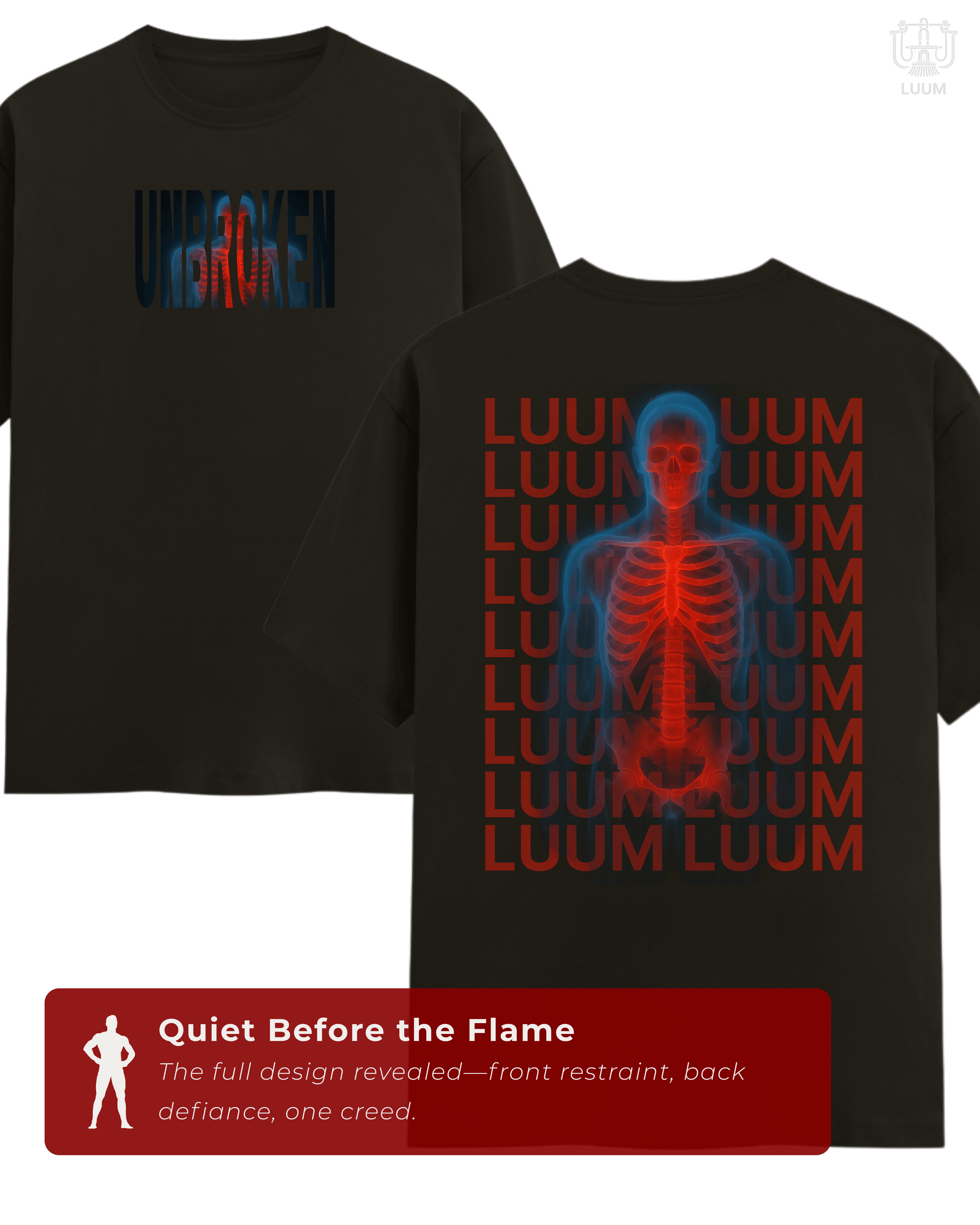 Full view of the Unbroken tee, bold skeleton motif in red and blue against dark fabric. Part of Threadmark Collection. Belief. Woven and Worn.