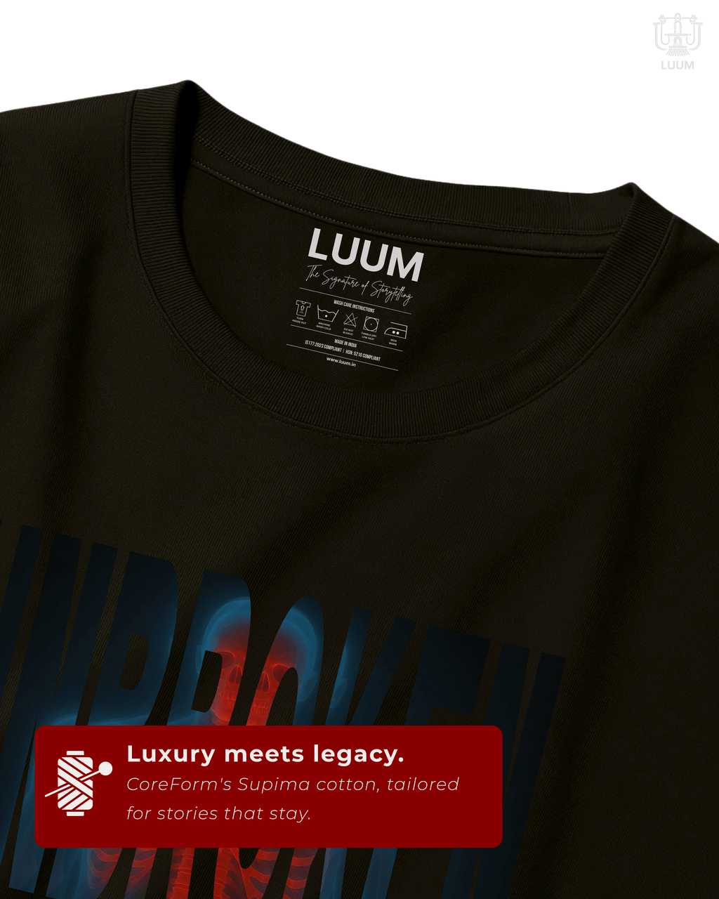 Closeup of LUUM Unbroken t-shirt fabric detail in Supima cotton, premium texture and finish. Part of Threadmark Collection. Belief. Woven and Worn.