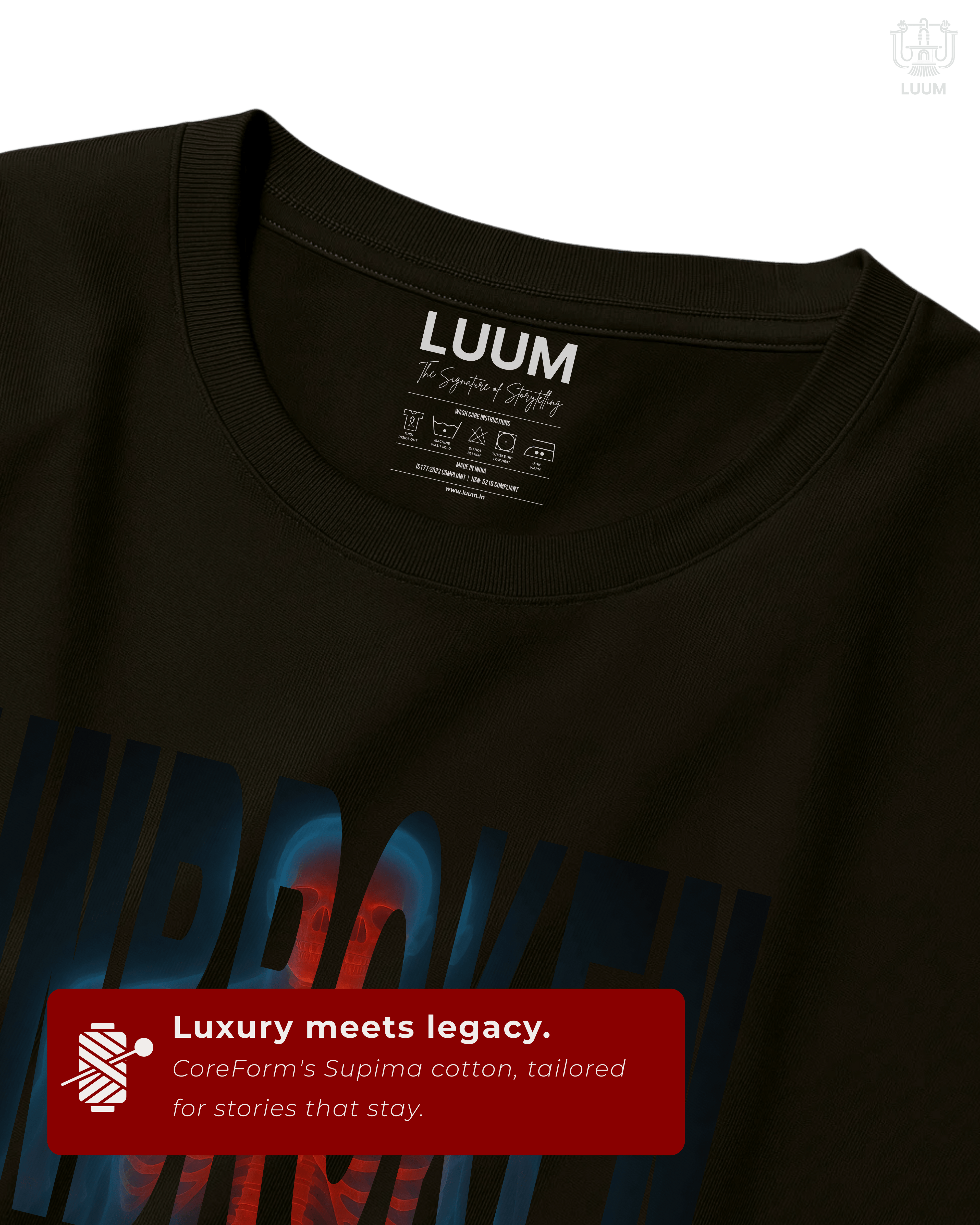 Closeup of LUUM Unbroken t-shirt fabric detail in Supima cotton, premium texture and finish. Part of Threadmark Collection. Belief. Woven and Worn.