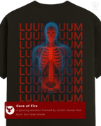 Back of Unbroken tee by LUUM featuring glowing red skeleton graphic with LUUM text backdrop. Part of Threadmark Collection. Belief. Woven and Worn.