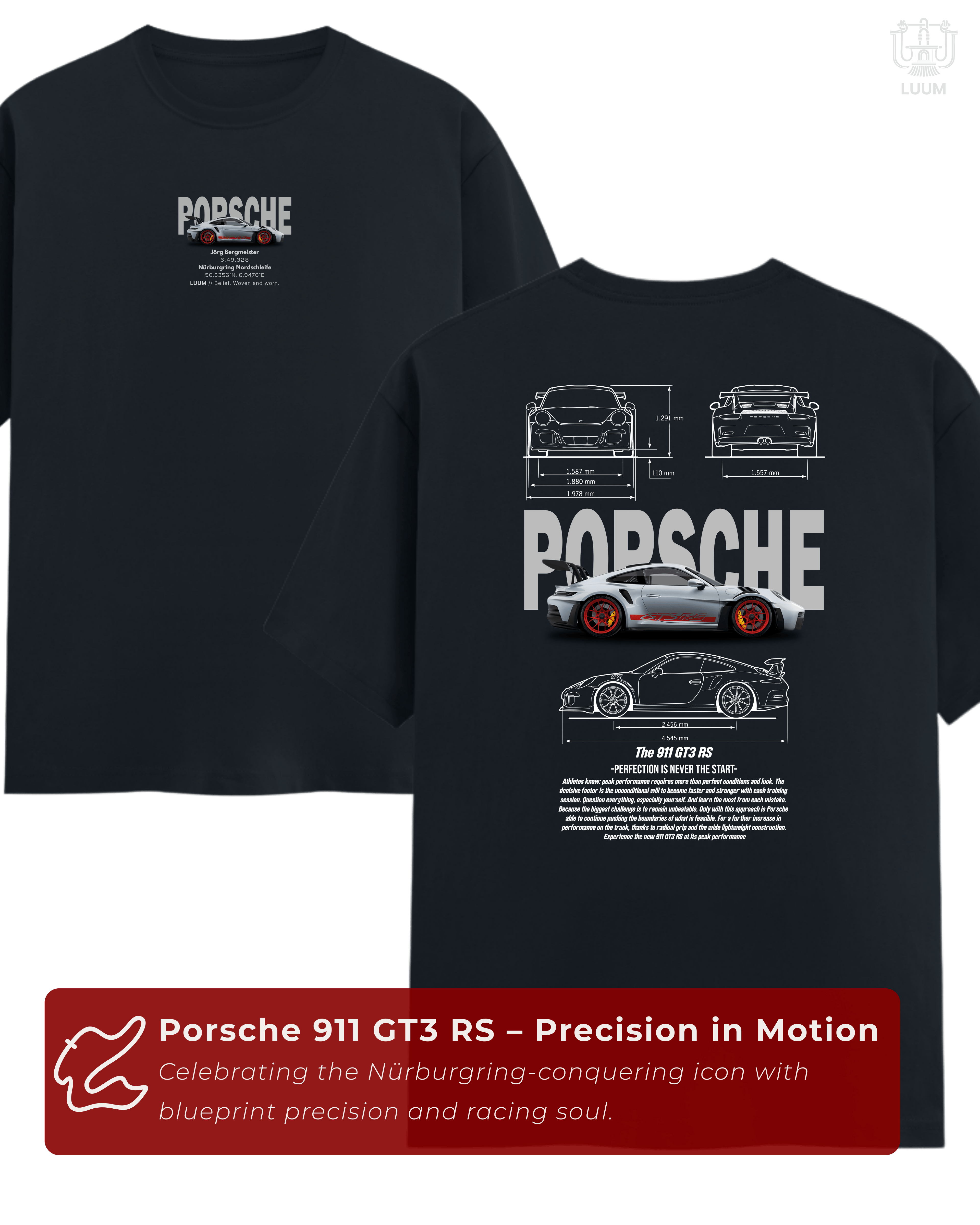 LUUM Porsche 911 GT3 RS: Precision in Motion t-shirt in Navy Blue, featuring Nürburgring lap tribute with blueprint schematics and Porsche GT3 RS profile. Part of DailyPrints Collection. Belief. Woven and Worn.