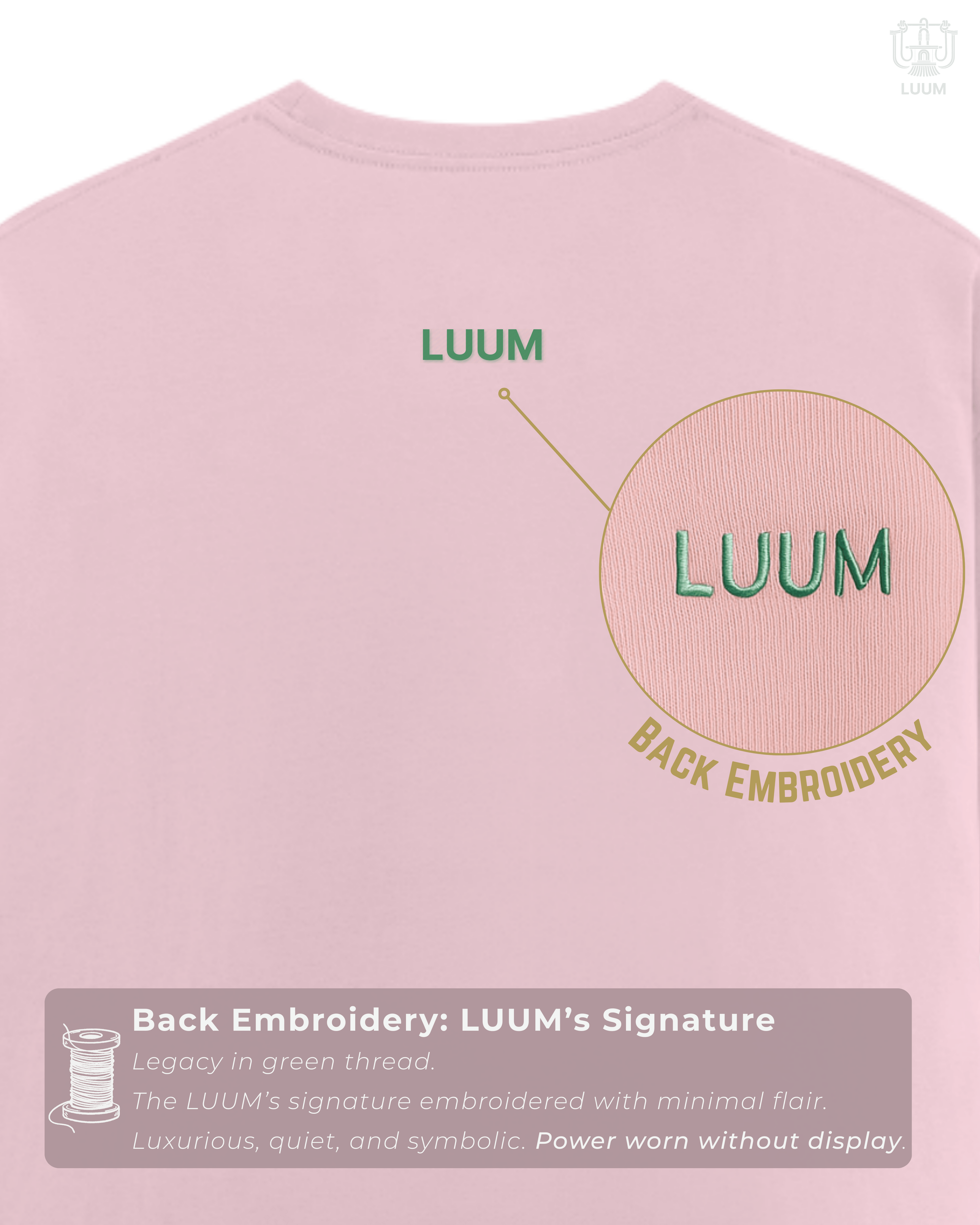 Back embroidery of LUUM logo on Supima cotton tee. Symbolic streetwear made in India.  Part of Threadmark Collection. Belief. Woven and Worn.