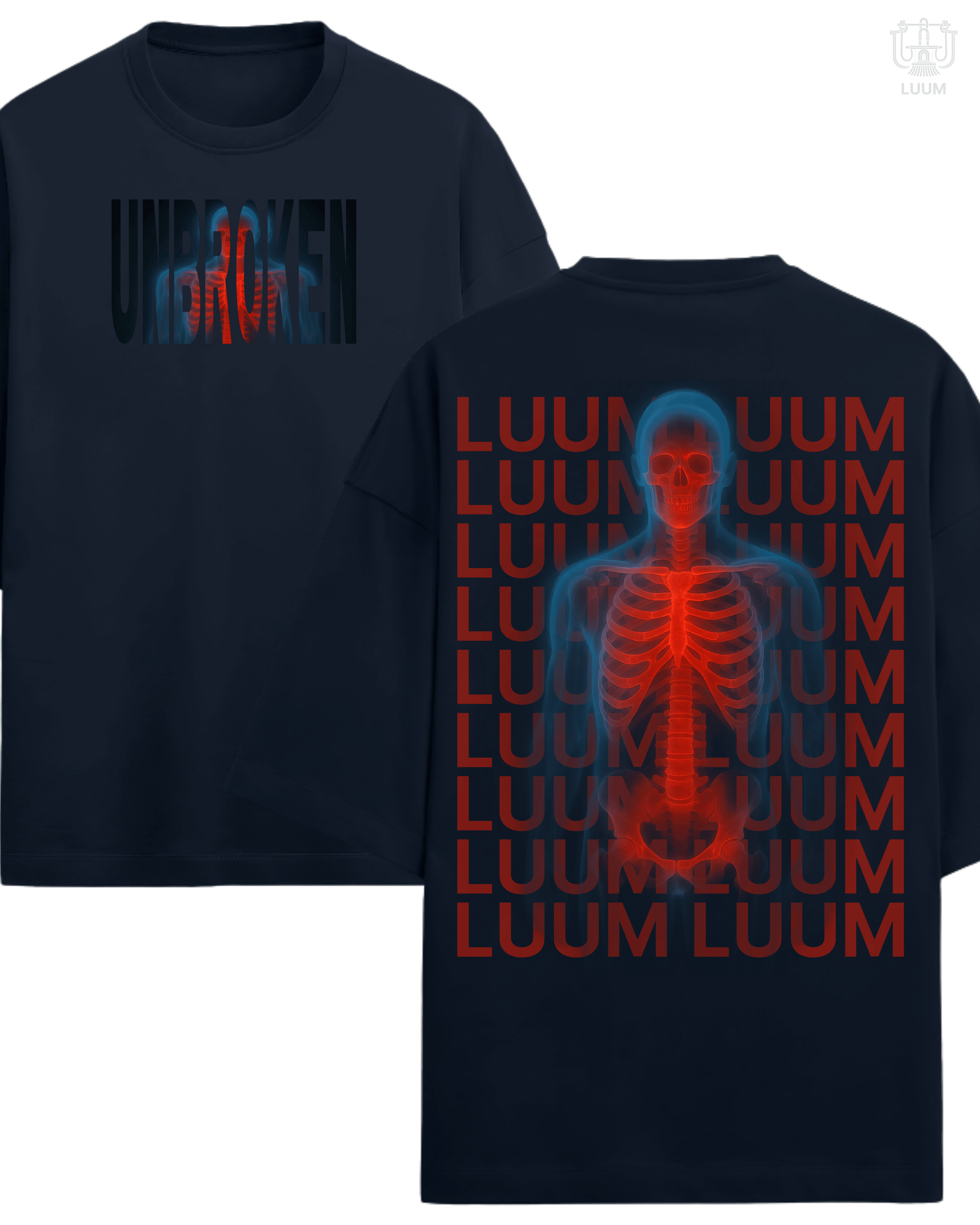 LUUM Unbroken navy blue 260 GSM oversized fit t-shirt in French Terry, cinematic graphic apparel. Part of Threadmark Collection. Belief. Woven and Worn.